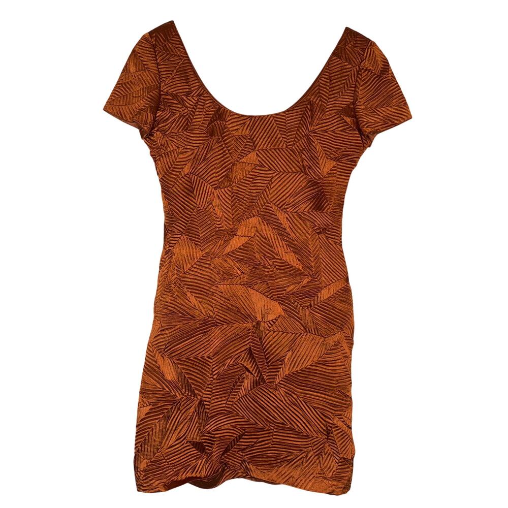 Terracotta Rust Leaf Print Mini Dress Size 8 Satin Short Sleeve Burnt Orange